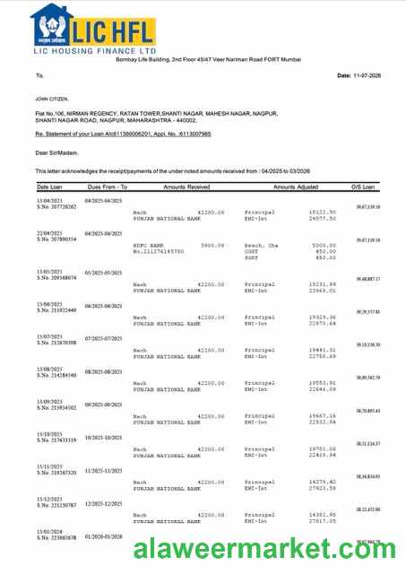 India LIC Housing Finance statement of account Word and PDF template